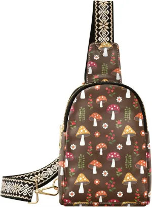 Small Sling Bag for Women Woodland Mushroom with Flowers and Berries PC Leather Fanny Pack Crossbody Fashion Waist Packs Chest Bag for Travel Sports Running Hiking