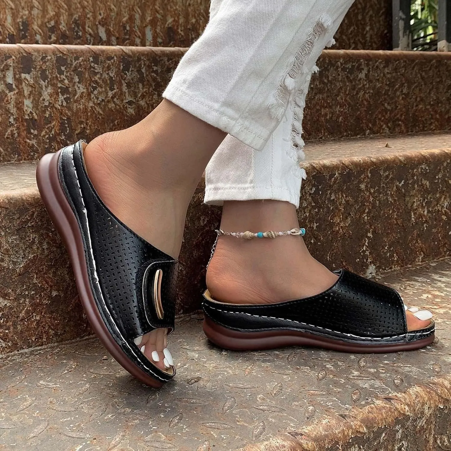 Smoneyful Womens 2025 Comfortable Sandals Fashion Orthotic Slip On Dressy Summer Orthopedic Peep Toe Hollow Out Adjustable Open Toe Arch Support Wedges Platform Slides Slippers Sandals