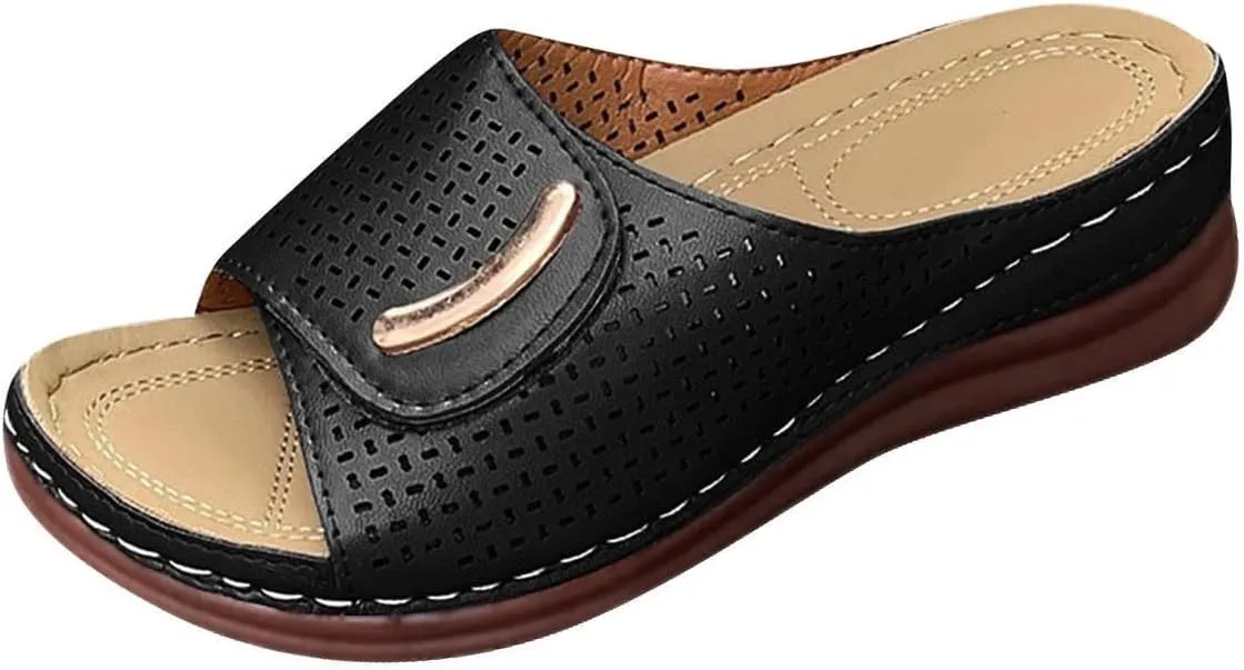 Smoneyful Womens 2025 Comfortable Sandals Fashion Orthotic Slip On Dressy Summer Orthopedic Peep Toe Hollow Out Adjustable Open Toe Arch Support Wedges Platform Slides Slippers Sandals