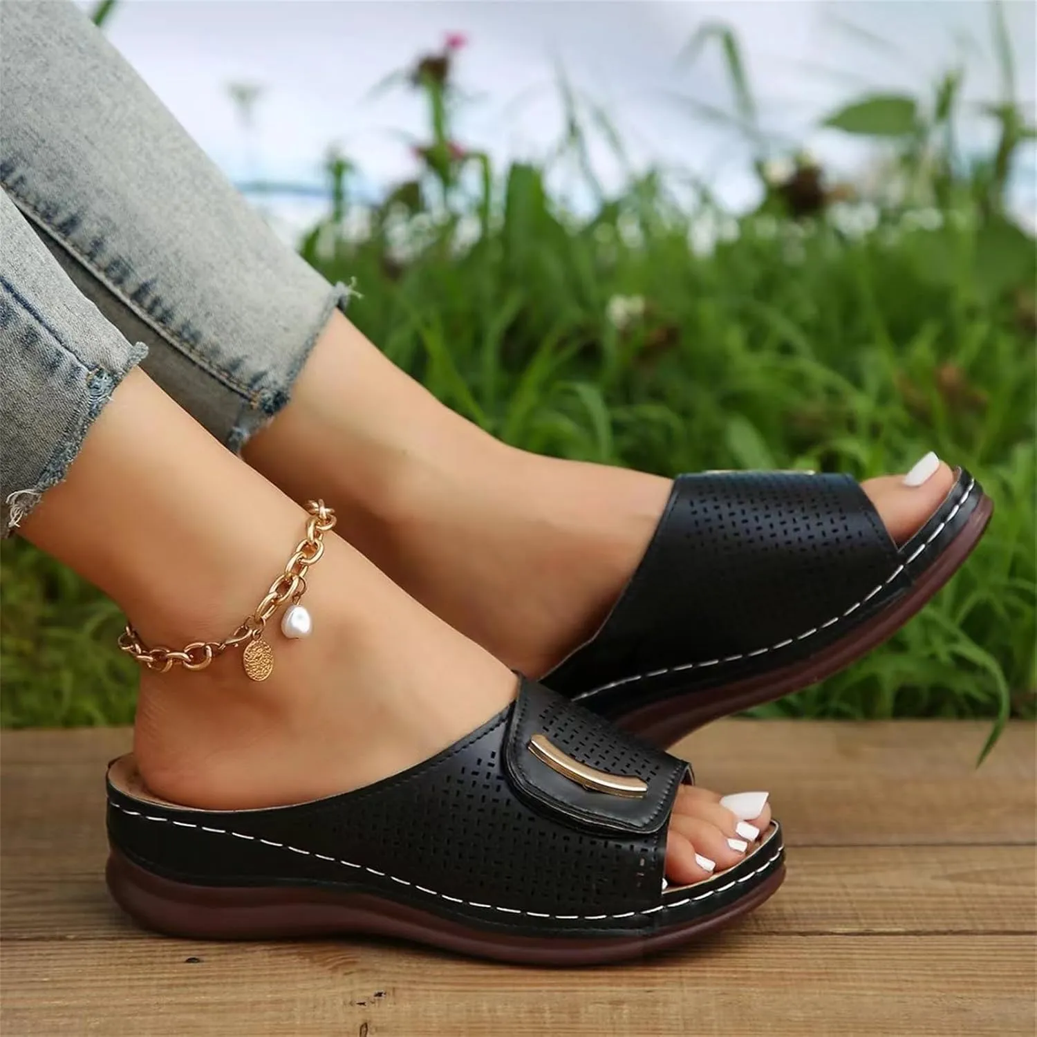Smoneyful Womens 2025 Comfortable Sandals Fashion Orthotic Slip On Dressy Summer Orthopedic Peep Toe Hollow Out Adjustable Open Toe Arch Support Wedges Platform Slides Slippers Sandals