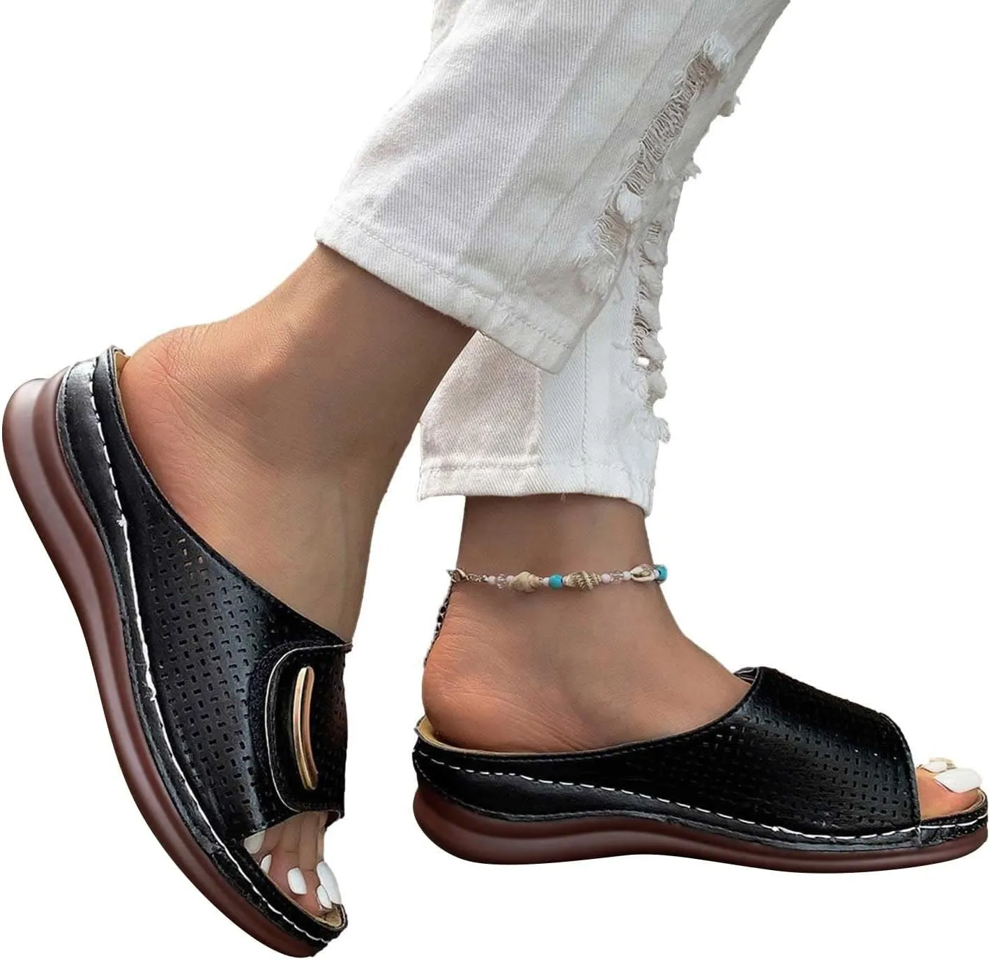 Smoneyful Womens 2025 Comfortable Sandals Fashion Orthotic Slip On Dressy Summer Orthopedic Peep Toe Hollow Out Adjustable Open Toe Arch Support Wedges Platform Slides Slippers Sandals