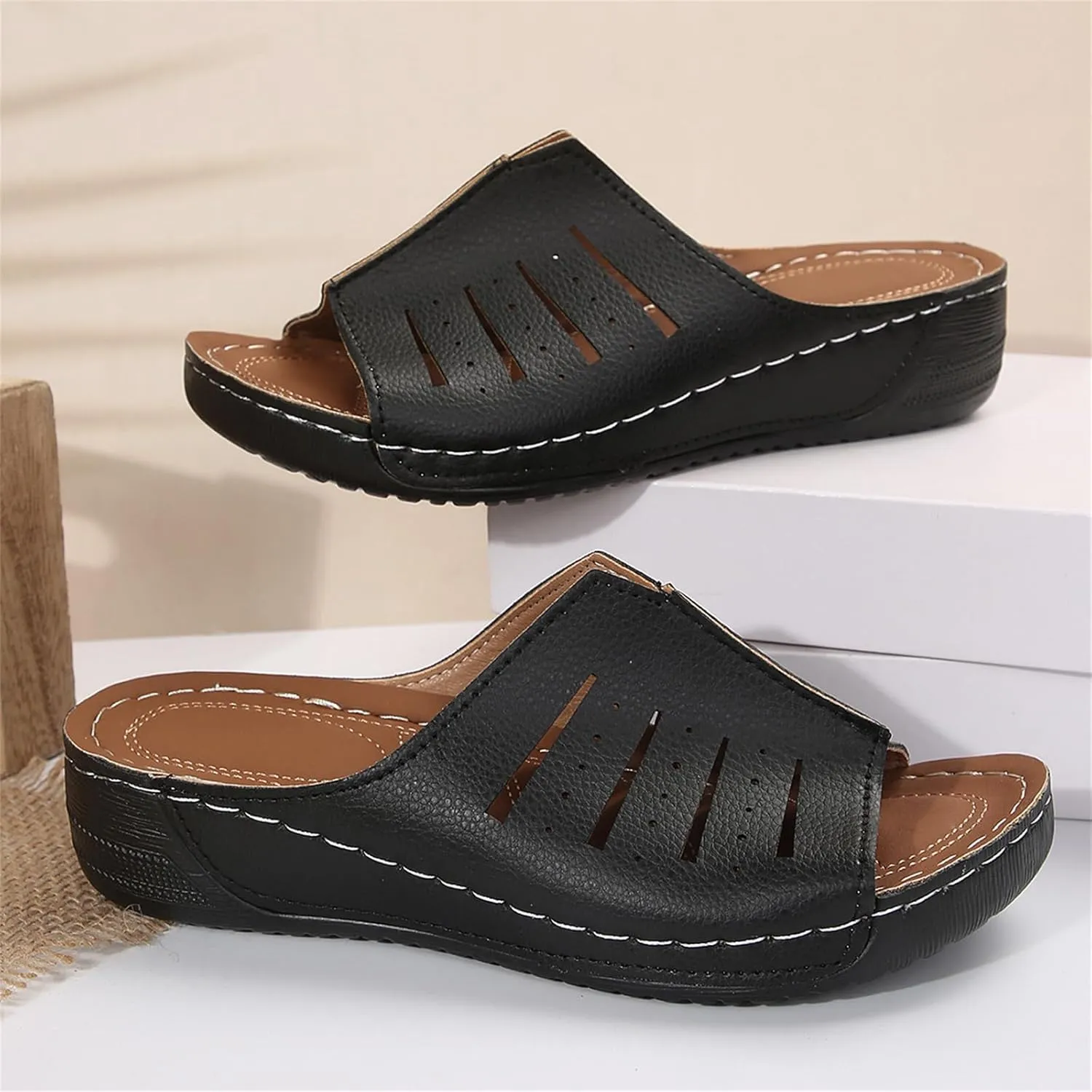 Smoneyful Womens Arch Support Sandals Wide Width Leather Platform Wedge Slip On Lightweight Open Toe Summer Orthopedic Slide Slippers Soft Beach Walking Roman Platform Sandals