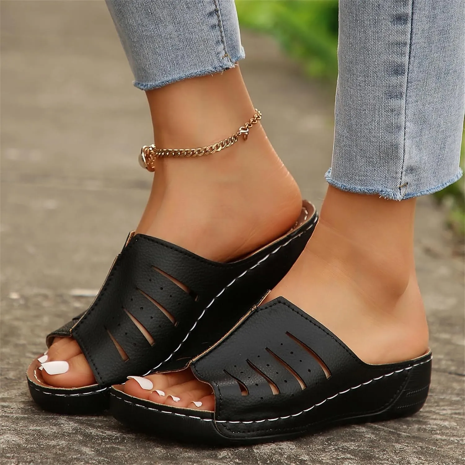 Smoneyful Womens Arch Support Sandals Wide Width Leather Platform Wedge Slip On Lightweight Open Toe Summer Orthopedic Slide Slippers Soft Beach Walking Roman Platform Sandals