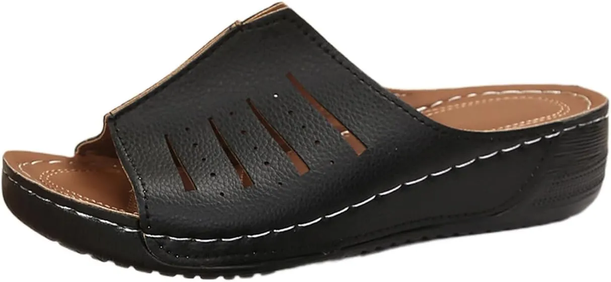 Smoneyful Womens Arch Support Sandals Wide Width Leather Platform Wedge Slip On Lightweight Open Toe Summer Orthopedic Slide Slippers Soft Beach Walking Roman Platform Sandals