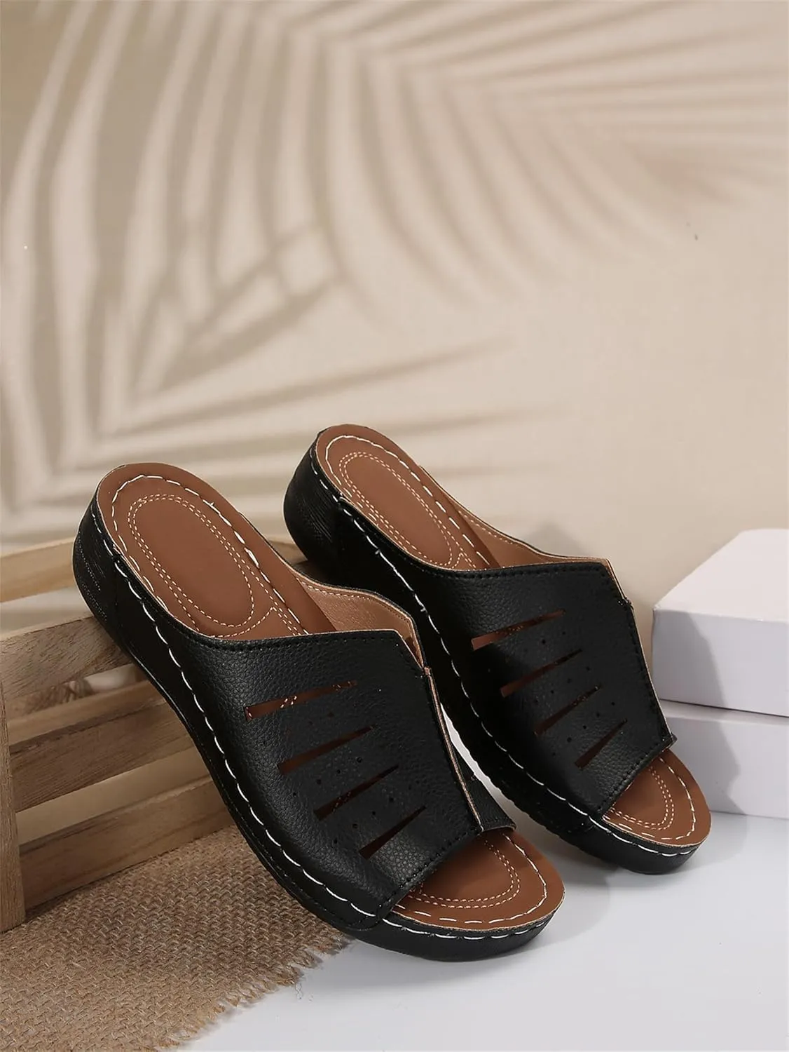 Smoneyful Womens Arch Support Sandals Wide Width Leather Platform Wedge Slip On Lightweight Open Toe Summer Orthopedic Slide Slippers Soft Beach Walking Roman Platform Sandals