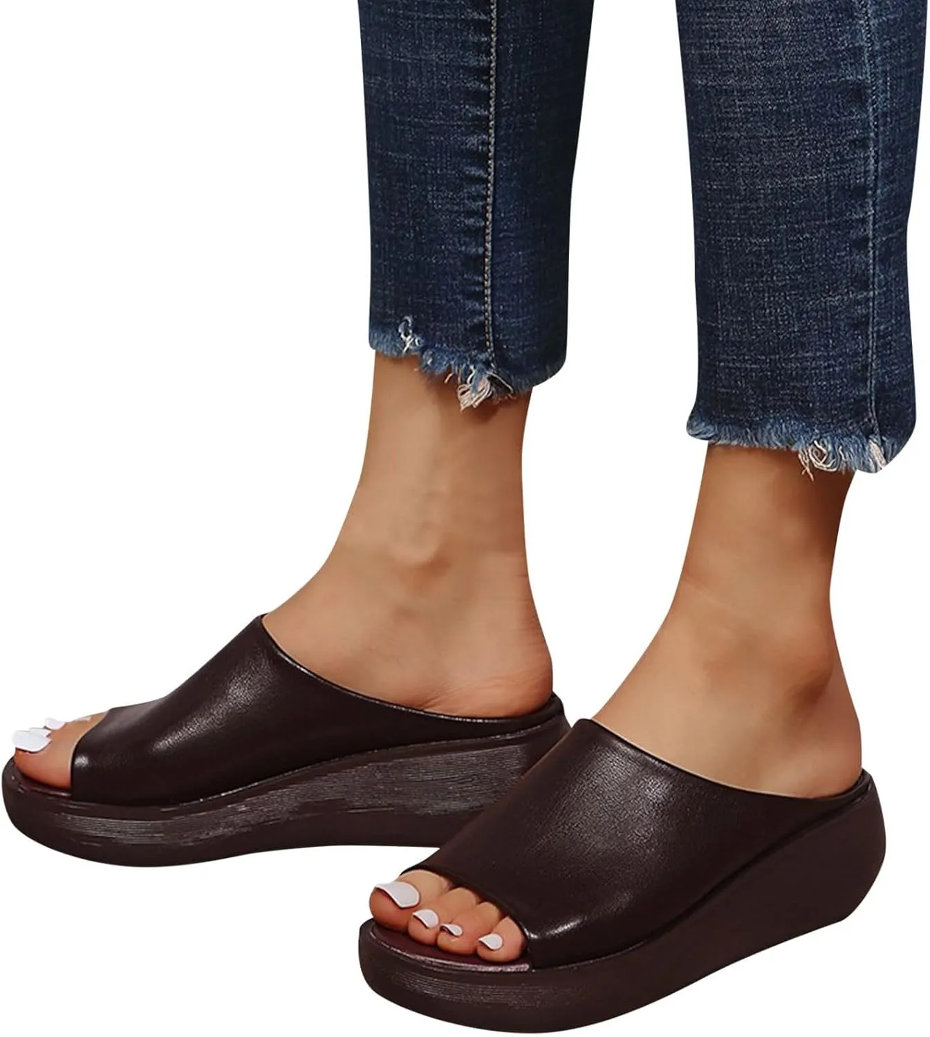 Smoneyful Womens Comfortable Soft Slip Sandals Platform Wedge High Heel Open Toe Orthopedic Orthotic Leather Arch Support 2025 Summer Casual Outdoor Dressy Slippers Sandals