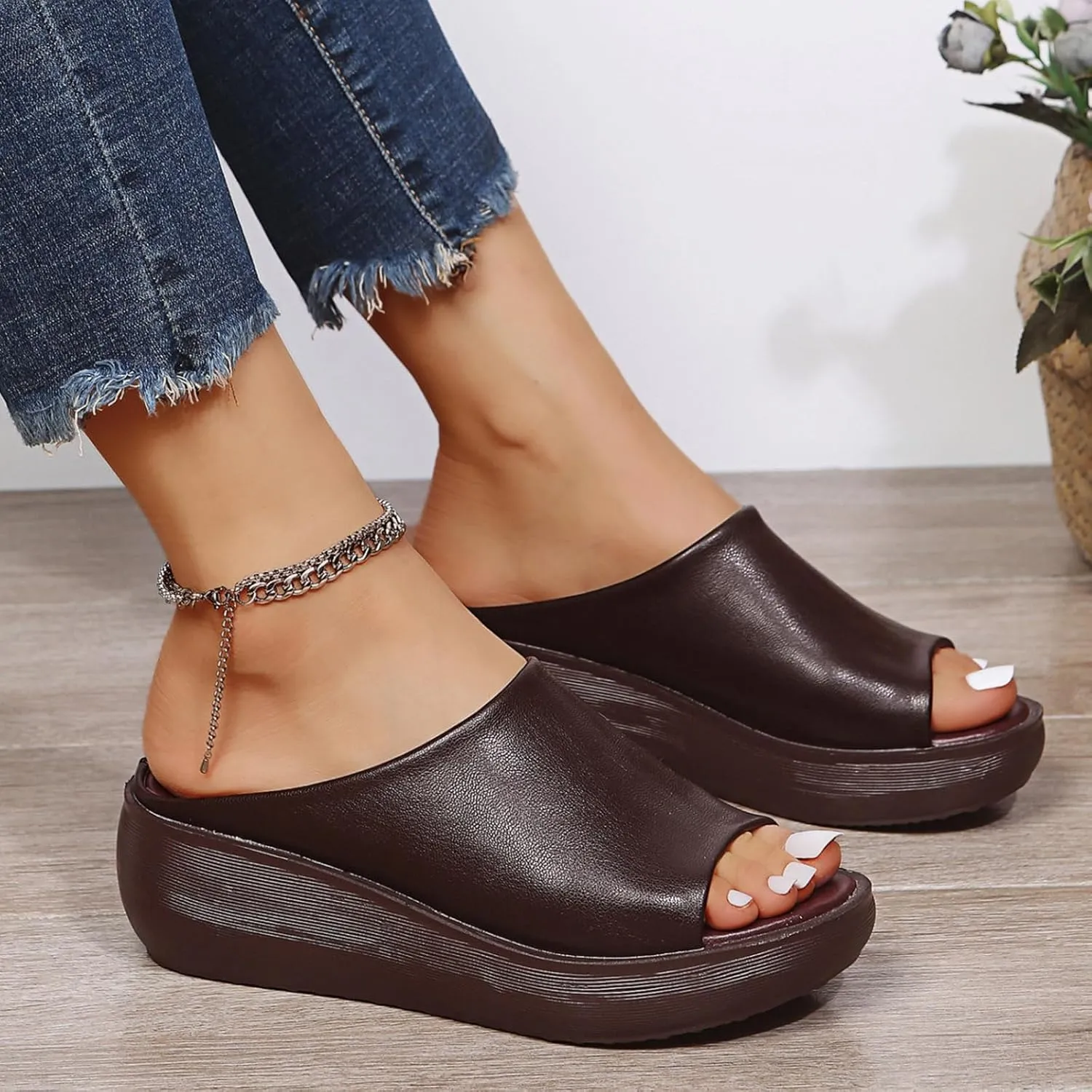 Smoneyful Womens Comfortable Soft Slip Sandals Platform Wedge High Heel Open Toe Orthopedic Orthotic Leather Arch Support 2025 Summer Casual Outdoor Dressy Slippers Sandals