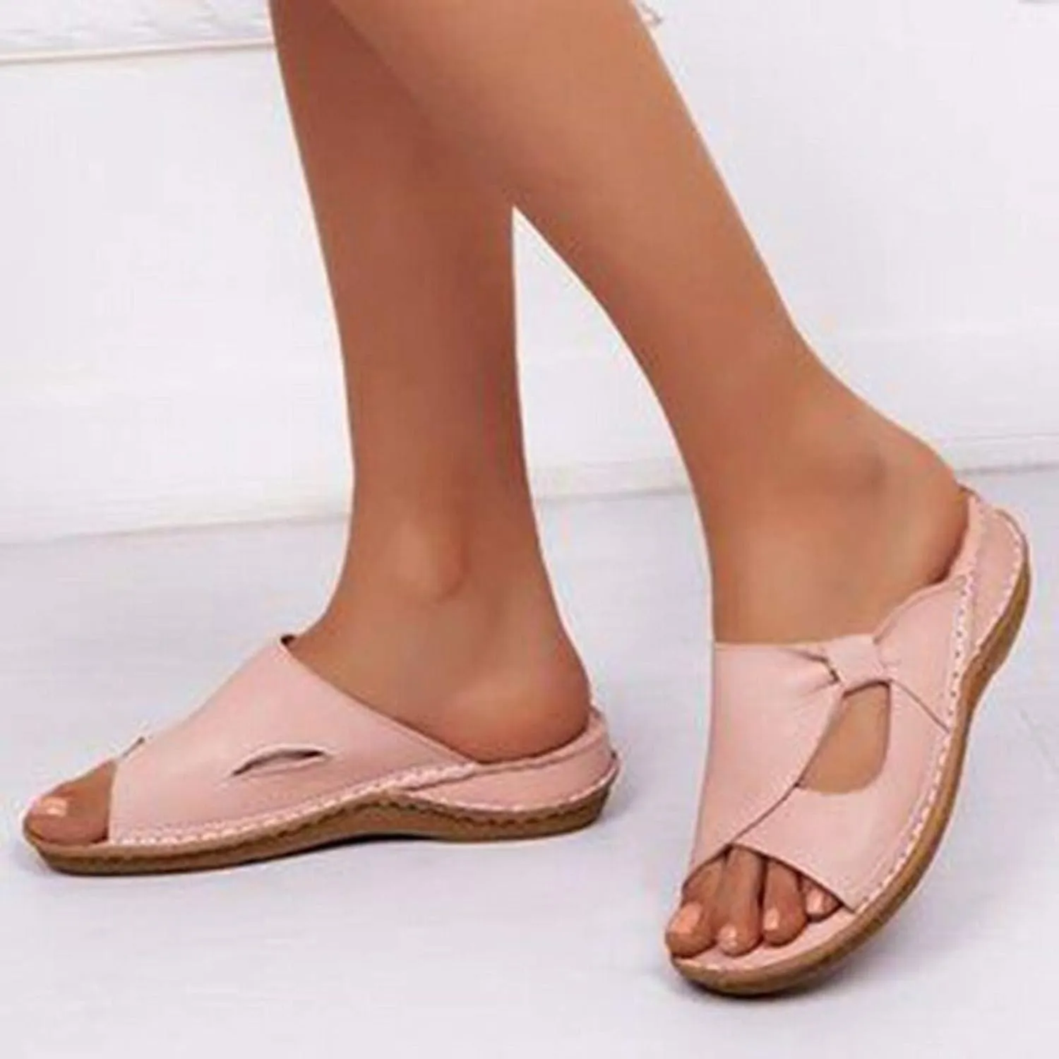 Smoneyful Womens Summer Dressy Sandals Flat Breathable Arch Support Orthopedic Wide Width Leather Wedge Bunion Comfort Bunion Corrector Toe Ring Flat Casual Flip Flops Slides Sandals Slippers