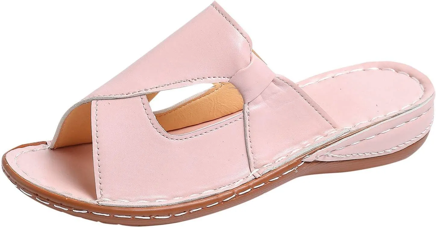 Smoneyful Womens Summer Dressy Sandals Flat Breathable Arch Support Orthopedic Wide Width Leather Wedge Bunion Comfort Bunion Corrector Toe Ring Flat Casual Flip Flops Slides Sandals Slippers