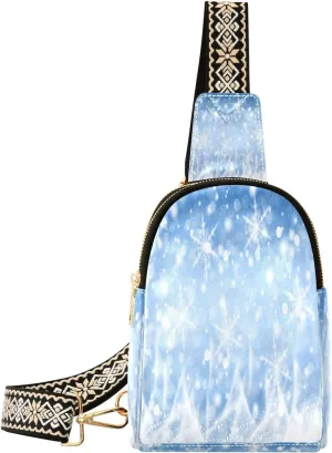 Snowflakes Winter Fanny Pack Crossbody PC Leather Small Sling Bag for Women Blue Christmas Fashion Waist Packs Chest Bag for Travel Sports Running Hiking