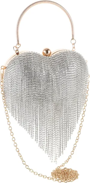 Sparkling Embellished Purse Heart Shape Tassel Clutch Bag for Women Wedding Evening Clutch Chain Handbag