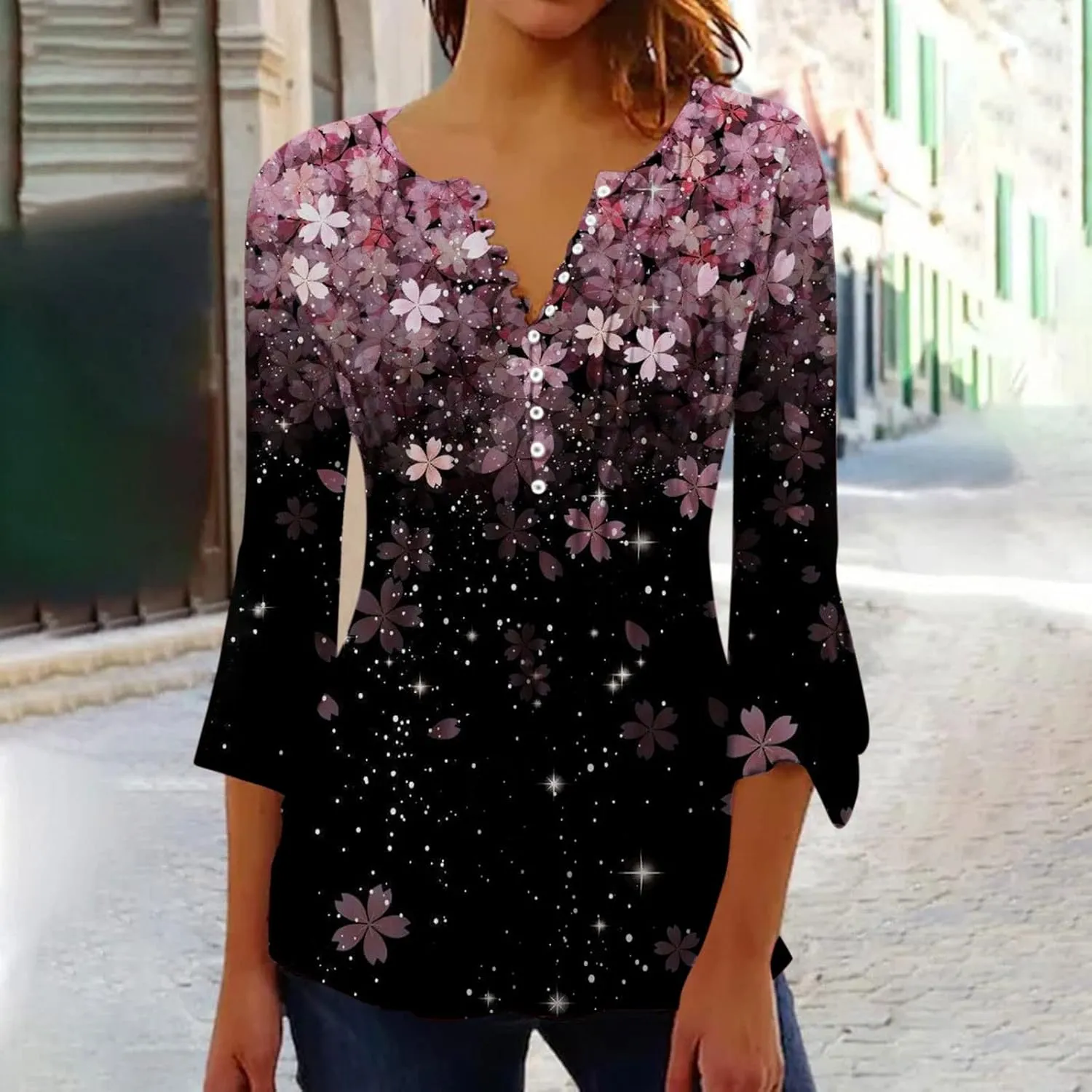 Spring Summer Tops for Women 2024 Trendy Floral Print Bohemian Shirts Casual Button Up 3/4 Sleeve Empire Waist Blouse