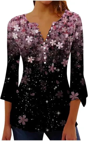 Spring Summer Tops for Women 2024 Trendy Floral Print Bohemian Shirts Casual Button Up 3/4 Sleeve Empire Waist Blouse
