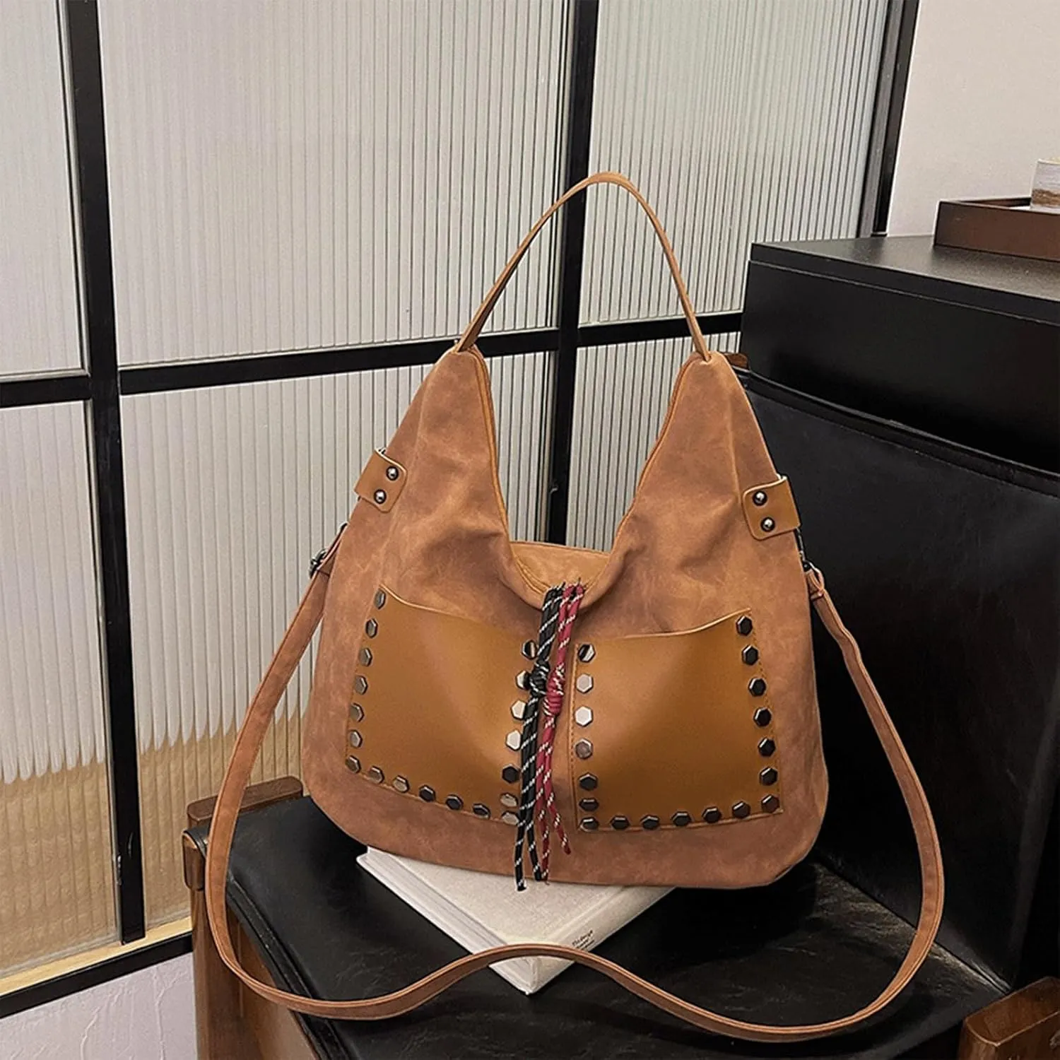 Studded Bag for Women Suede Slouchy Studded Purse Vegan Leather Shoulder Bag Vintage 90s Purse Trendy Retro Hobo Bags