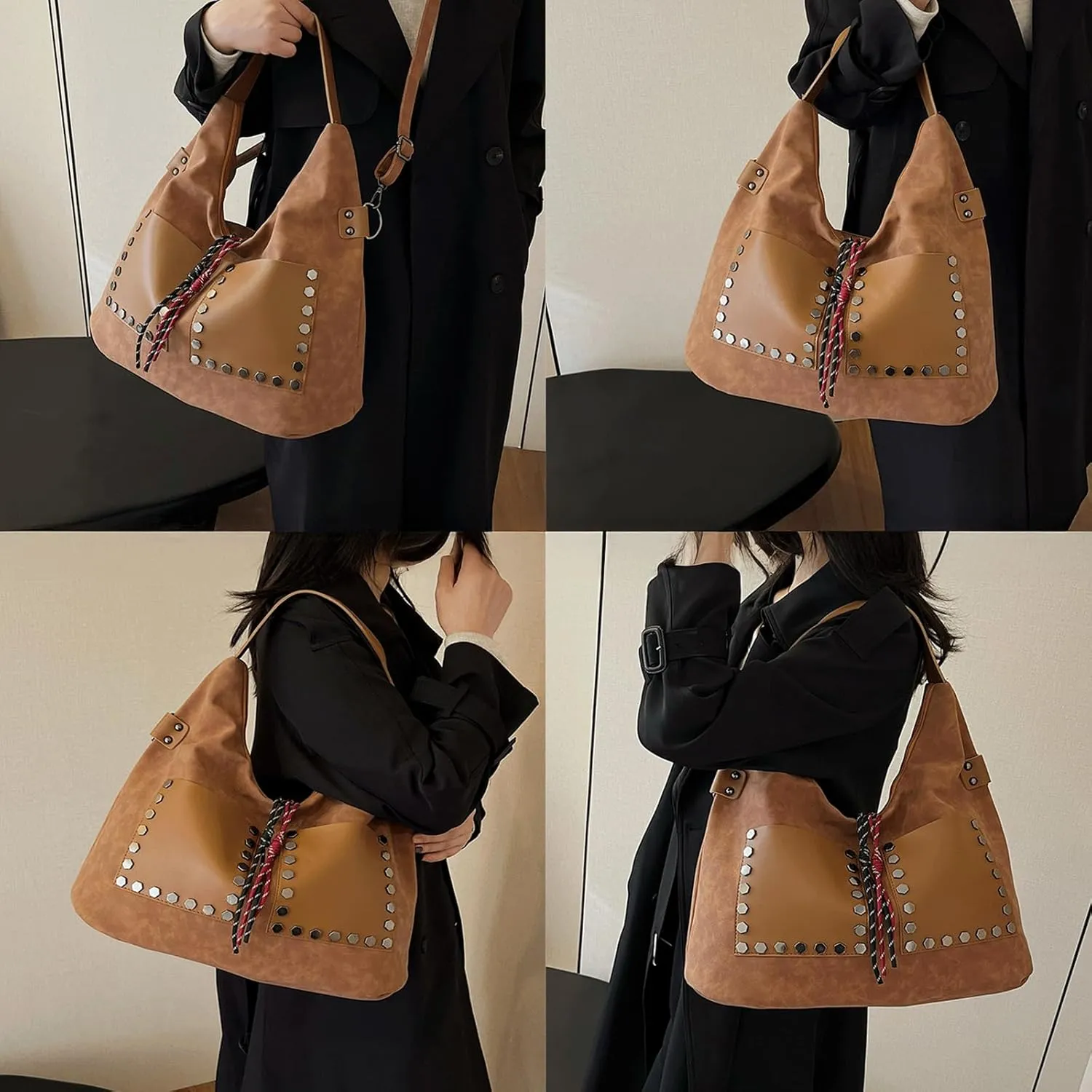 Studded Bag for Women Suede Slouchy Studded Purse Vegan Leather Shoulder Bag Vintage 90s Purse Trendy Retro Hobo Bags