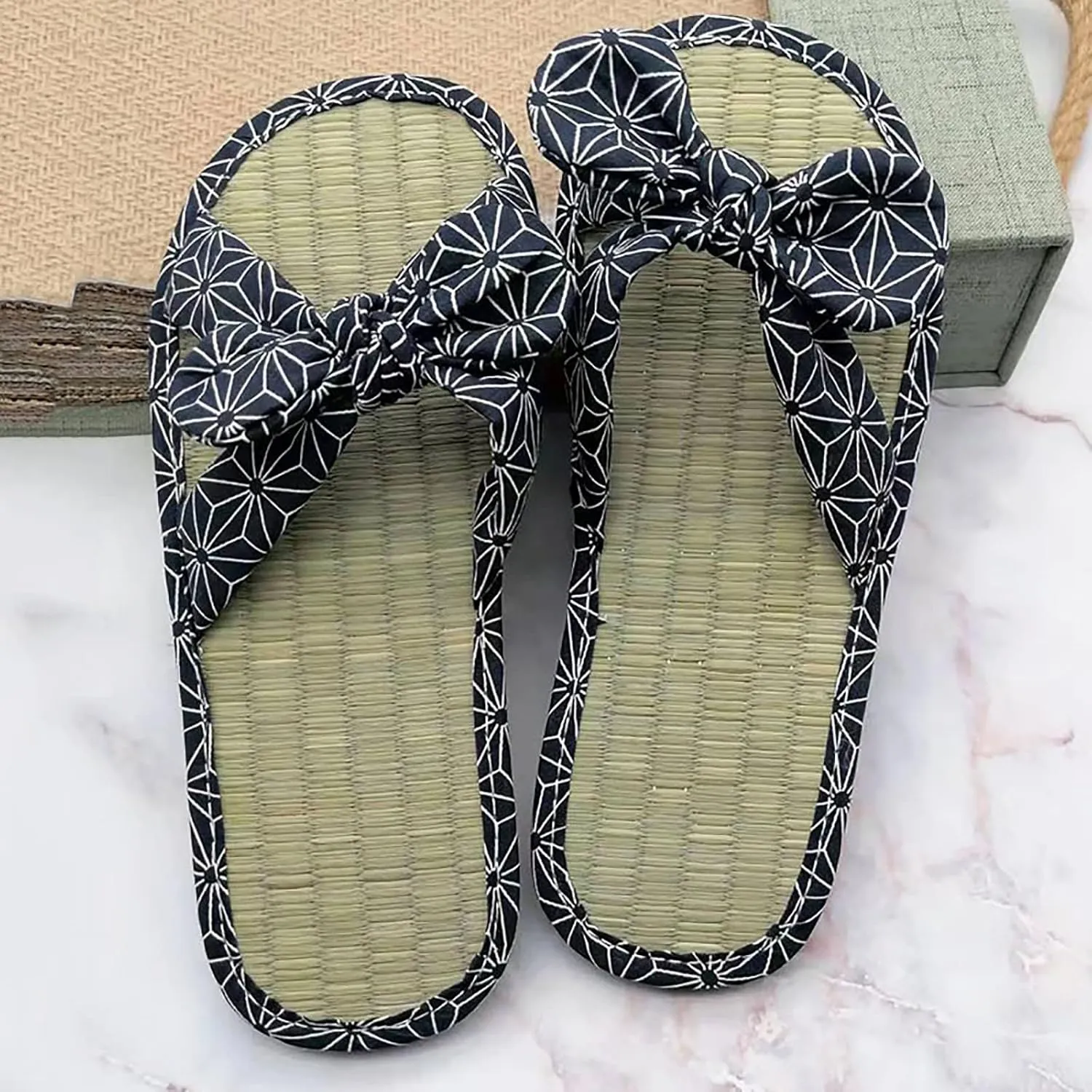SuanlaTDS Ladies Straw Mat Slippers Casual Bow Rattan Grass Slippers Home Fashion Sandals Slippers Flip Flops for Women Sandals (Blue, 9)