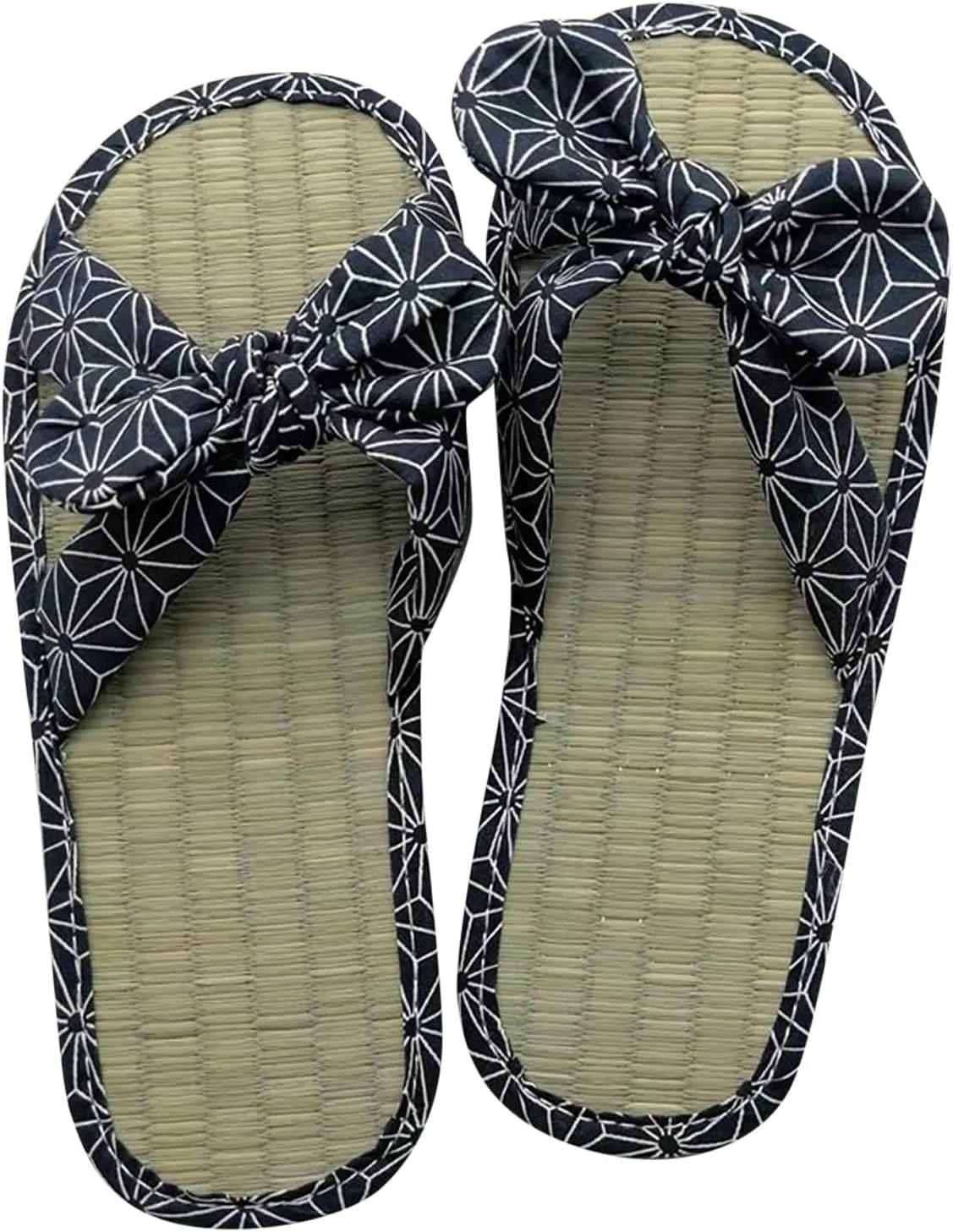 SuanlaTDS Ladies Straw Mat Slippers Casual Bow Rattan Grass Slippers Home Fashion Sandals Slippers Flip Flops for Women Sandals (Blue, 9)