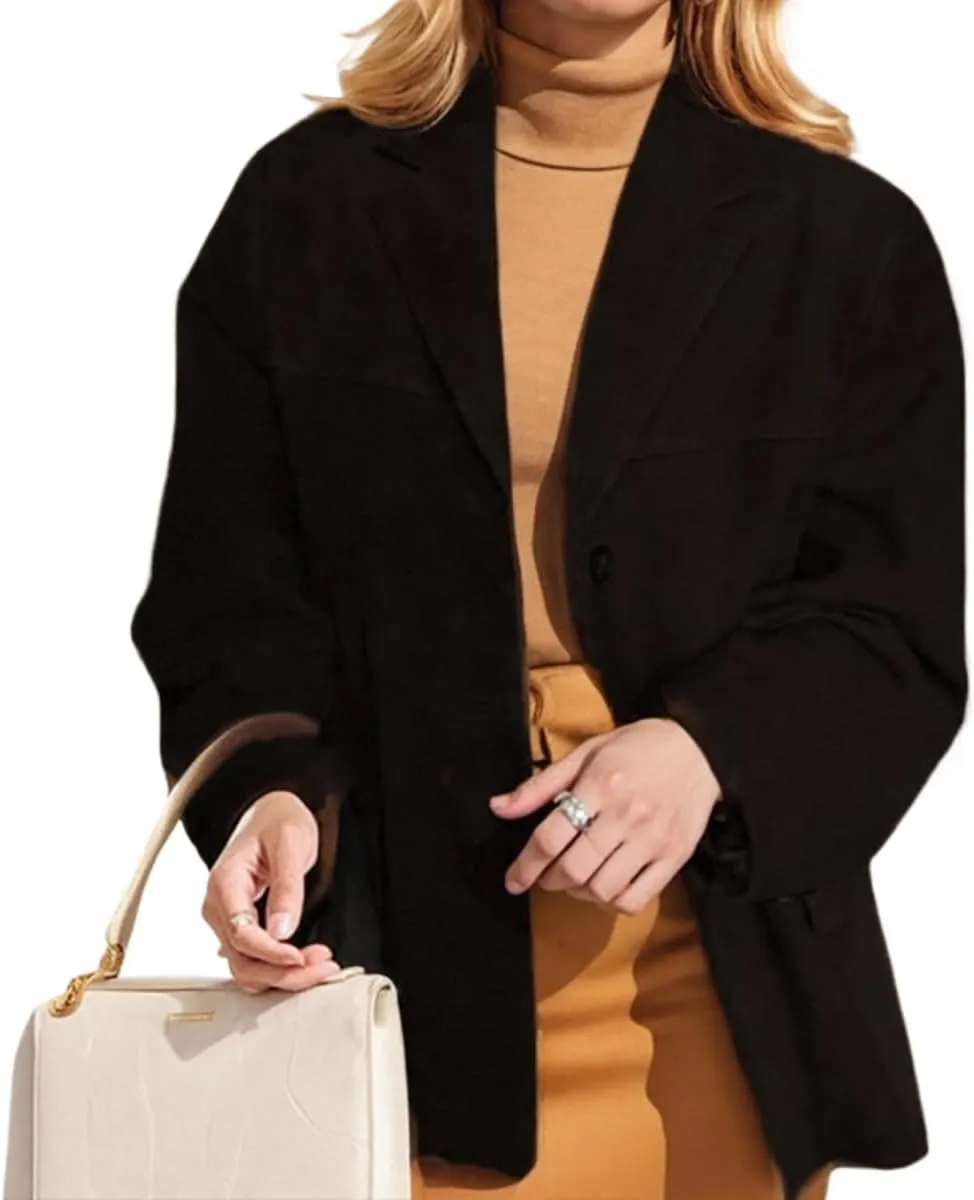 Suede Blazer Jacket Women, Brown Faux Leather Jacket Y2K Old Money Outerwear Spring Casual Coat