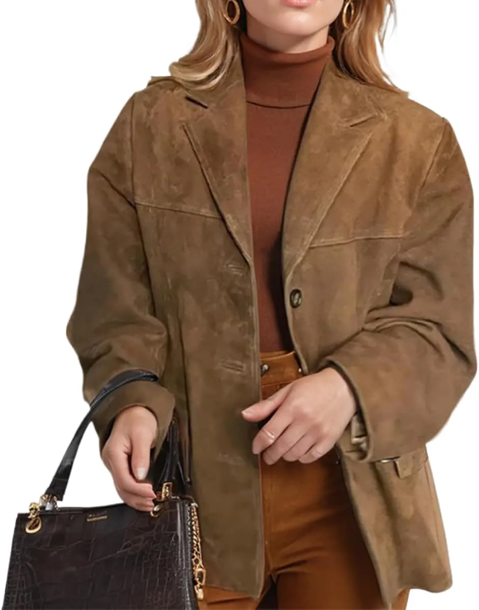 Suede Blazer Jacket Women, Brown Faux Leather Jacket Y2K Old Money Outerwear Spring Casual Coat