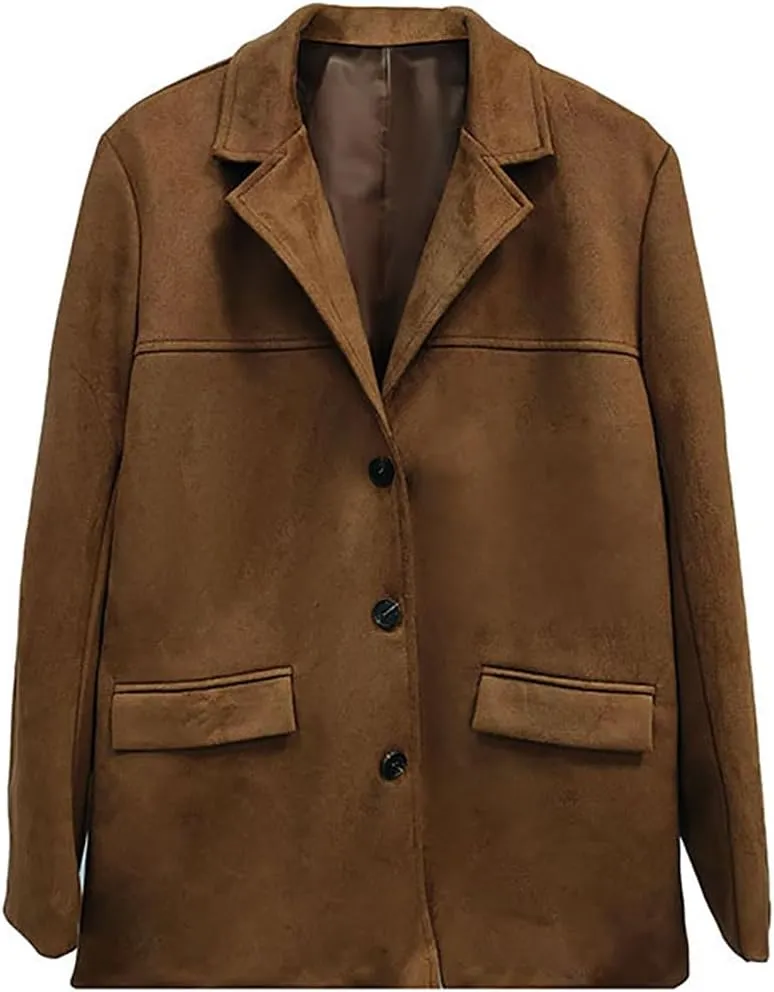 Suede Blazer Jacket Women, Brown Faux Leather Jacket Y2K Old Money Outerwear Spring Casual Coat