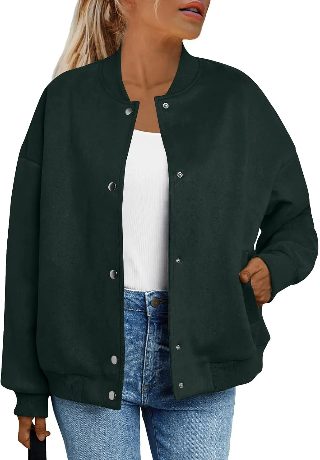 Suede Jacket Women Button Down Bomber Jacket Dressy Casual Varsity Moto Shackets with Pockets Fall Coat Y2k Clothes