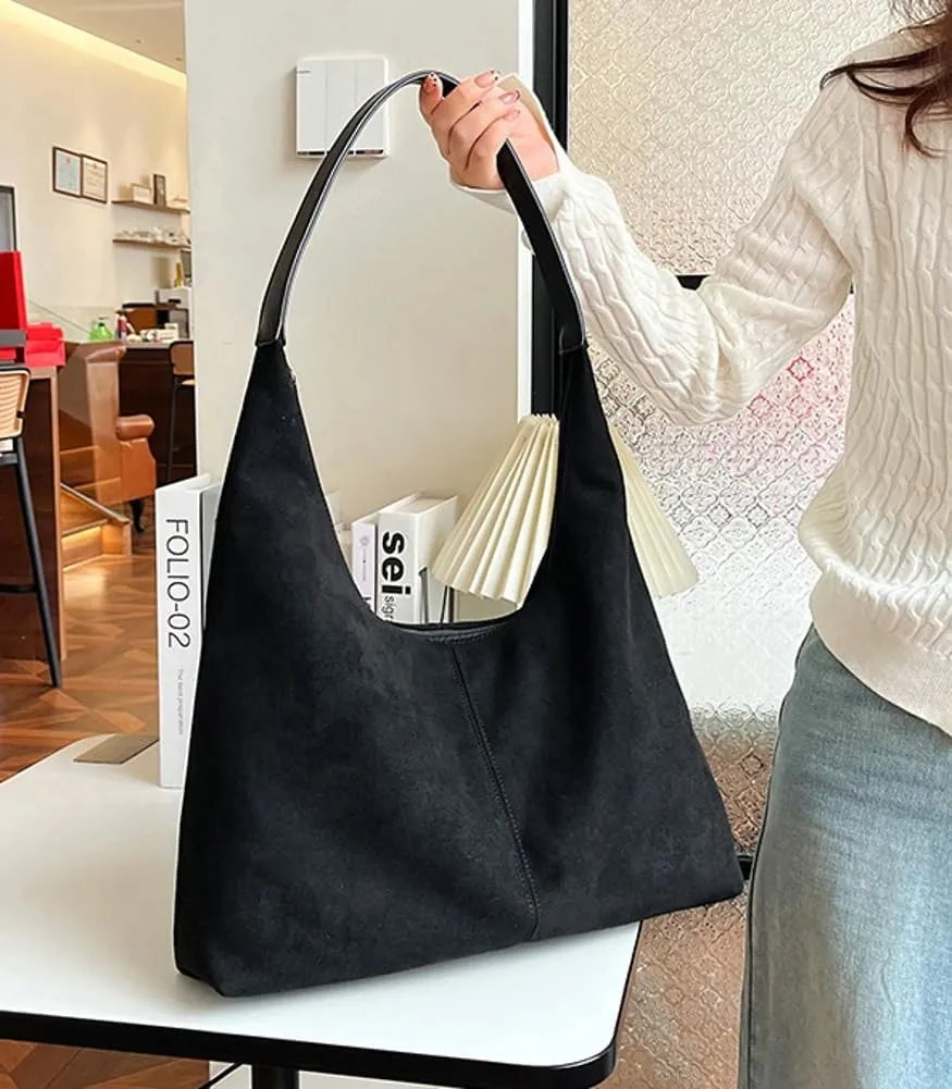 Suede Tote Bag for Women Crescent Satchel Shoulder Bag Fall Suede Handbag Trendy Slouchy Purse Work College Bag