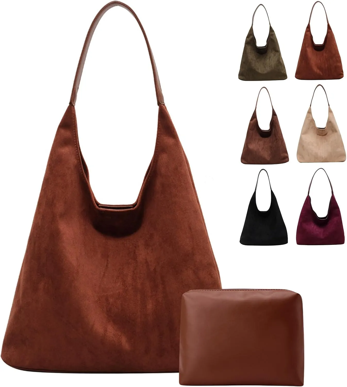 Suede Tote Bag for Women,Hobo Tote Bags Set,Large Capacity Top Handle Handbag, Slouchy Shoulder Bag,Burgundy Purse,Premium Faux Suede Material