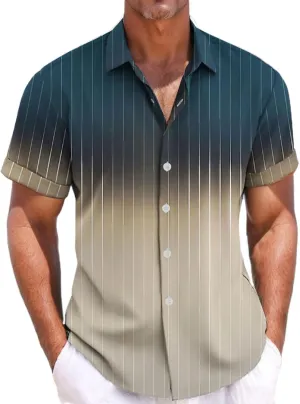 Summer Beach Shirts for Men Gradient Stripe Casual Hawaiian Shirts Button Up Tops Cotton Linen Blouses Vacation Tee