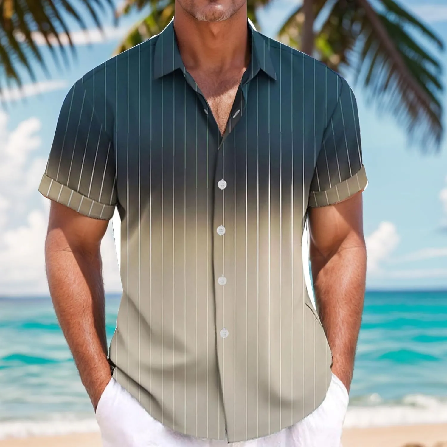 Summer Beach Shirts for Men Gradient Stripe Casual Hawaiian Shirts Button Up Tops Cotton Linen Blouses Vacation Tee