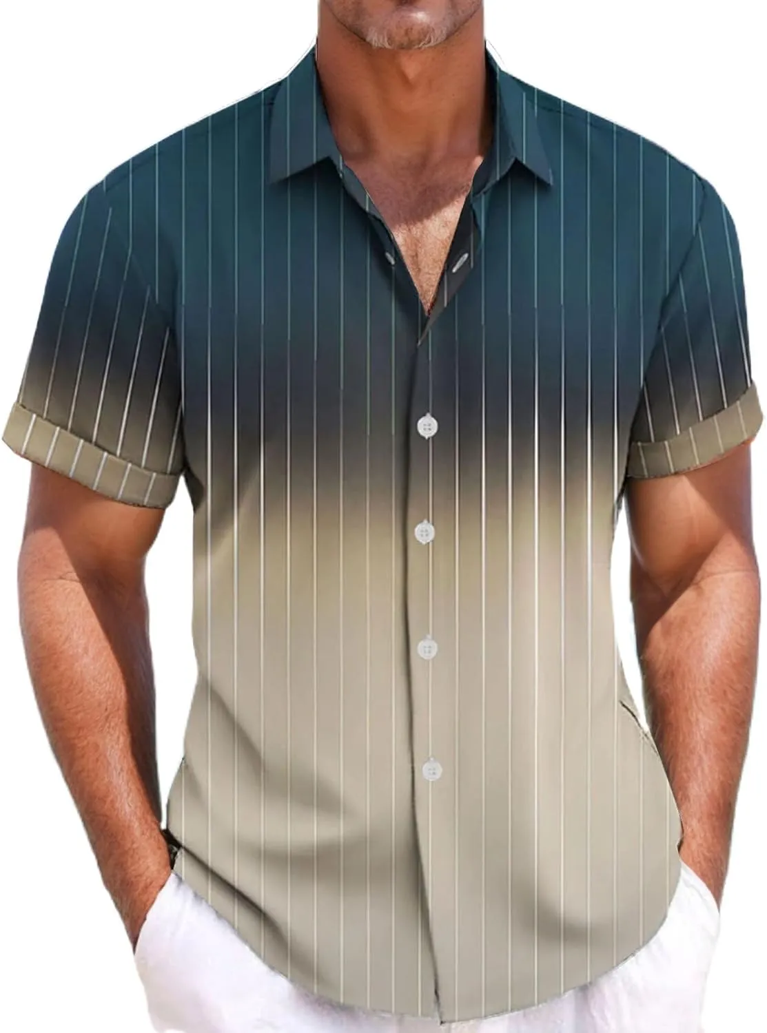 Summer Beach Shirts for Men Gradient Stripe Casual Hawaiian Shirts Button Up Tops Cotton Linen Blouses Vacation Tee