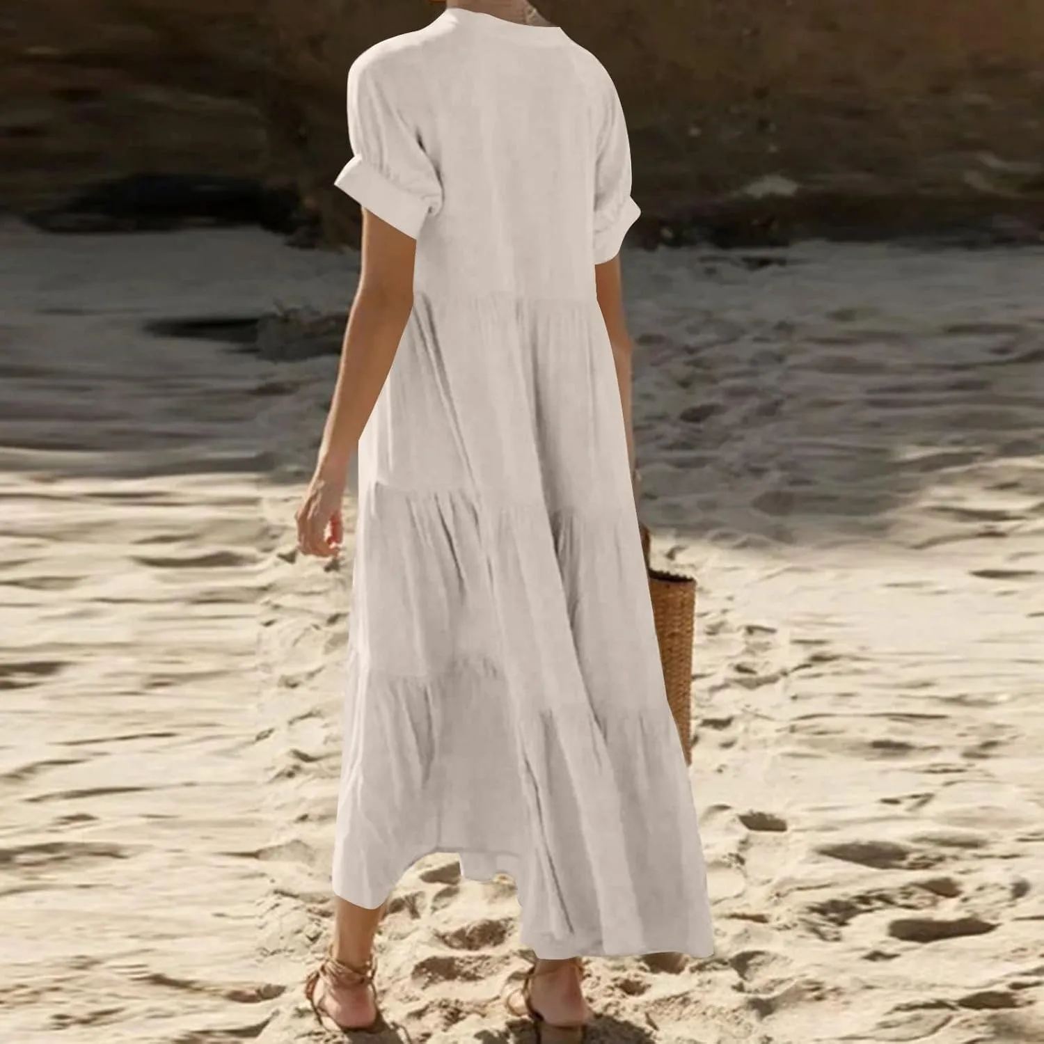Summer Dresses for Women Trendy 2025 Solid Color V-Neck Casual Dress Pleated Swing Loose Vacation Sundresses