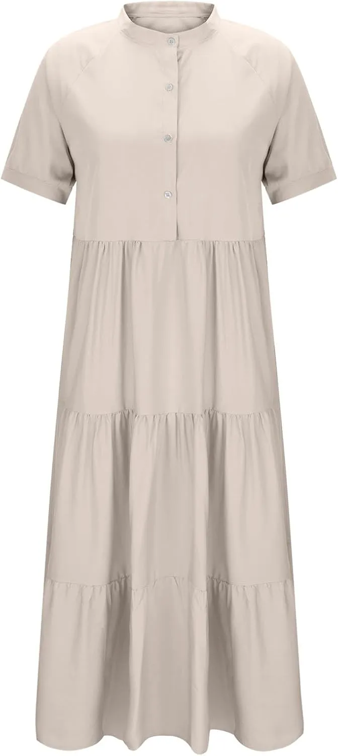 Summer Dresses for Women Trendy 2025 Solid Color V-Neck Casual Dress Pleated Swing Loose Vacation Sundresses
