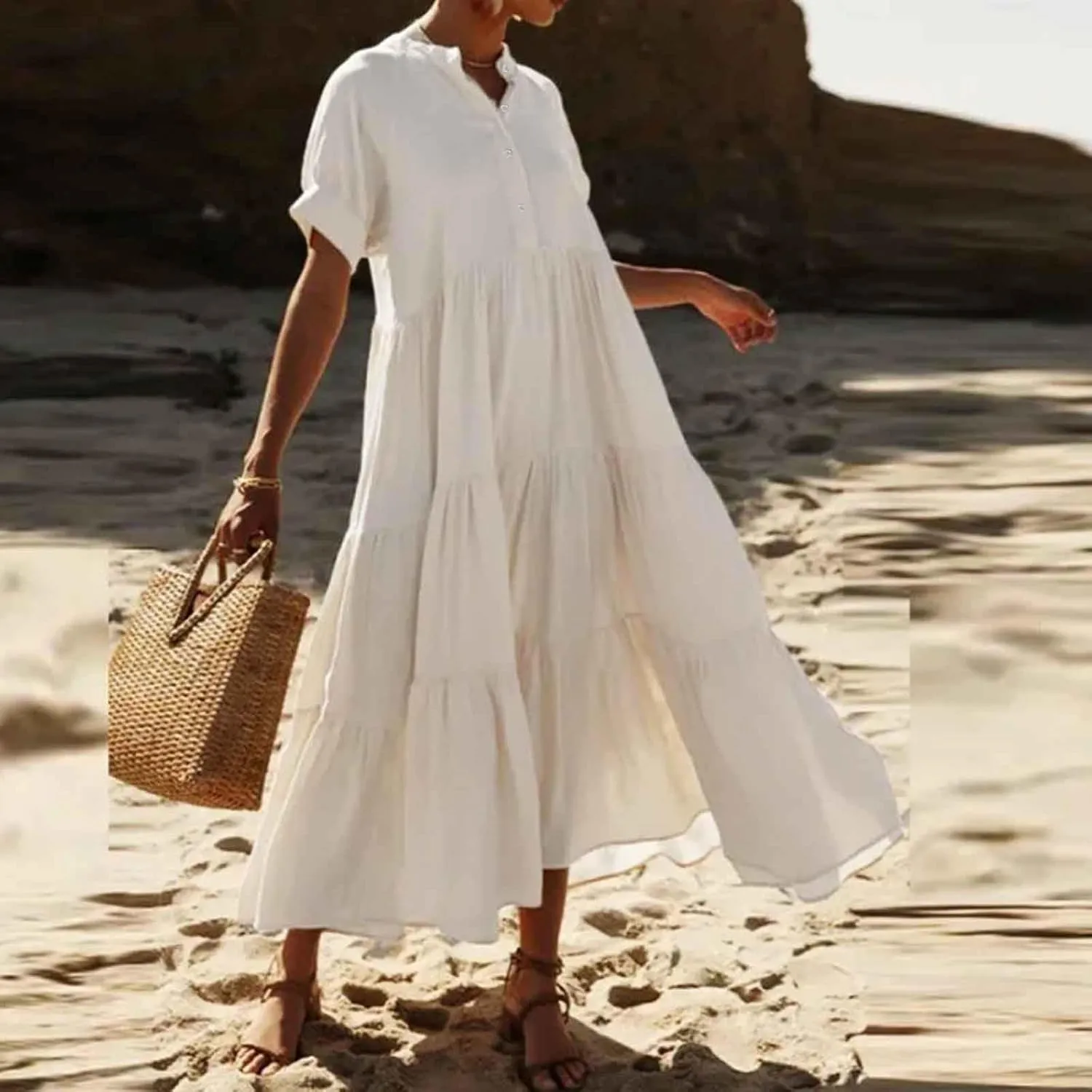Summer Dresses for Women Trendy 2025 Solid Color V-Neck Casual Dress Pleated Swing Loose Vacation Sundresses