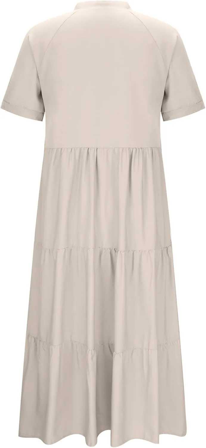 Summer Dresses for Women Trendy 2025 Solid Color V-Neck Casual Dress Pleated Swing Loose Vacation Sundresses