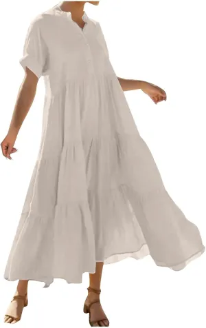 Summer Dresses for Women Trendy 2025 Solid Color V-Neck Casual Dress Pleated Swing Loose Vacation Sundresses