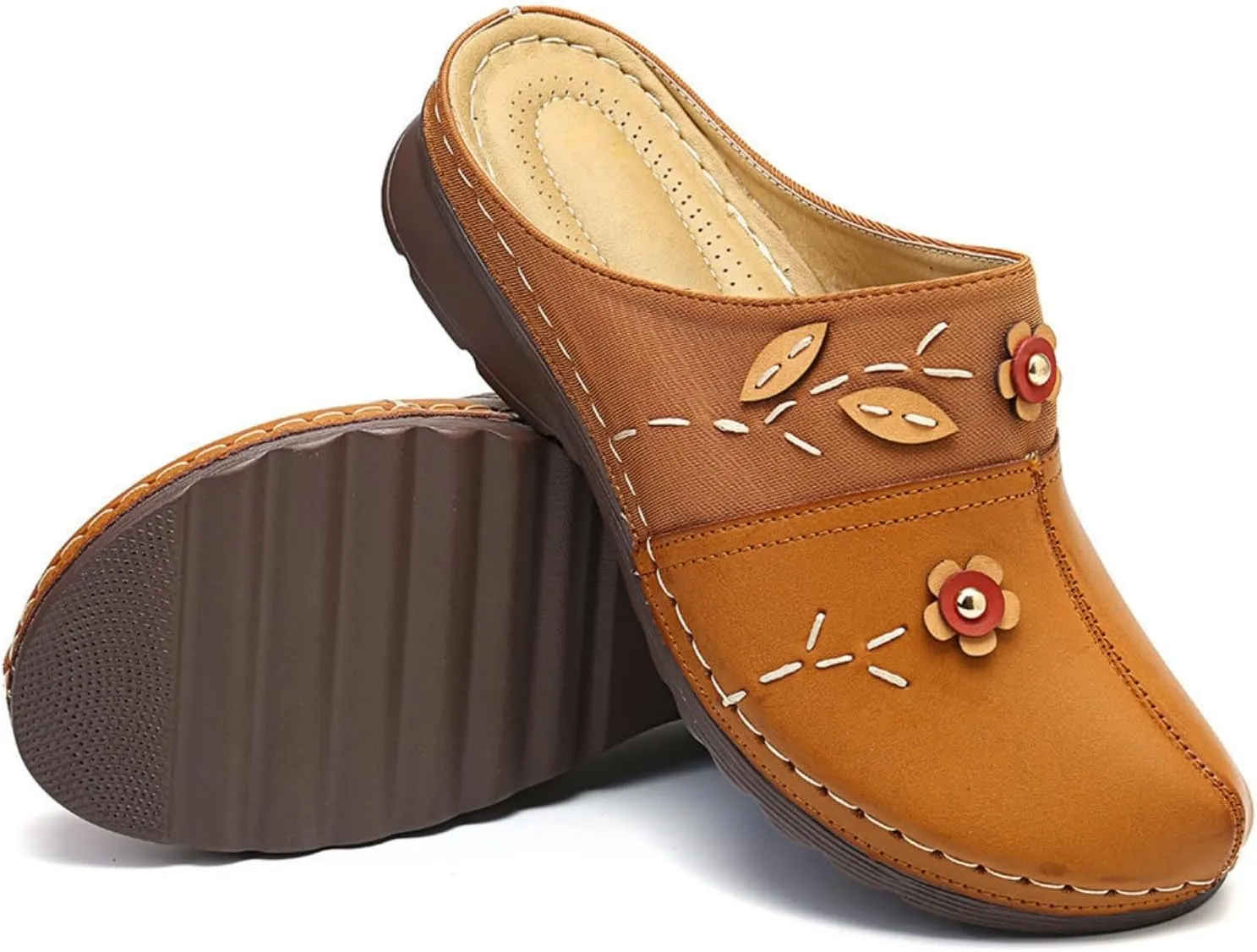 Summer Womens Clogs Leather Shoes Close Toe Slipper Outdoor Comfortable Walking Lightweight Slip on Beach Flowers Wedge Sandals