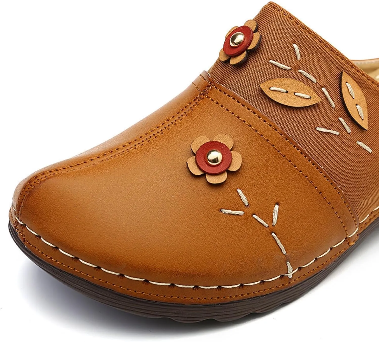 Summer Womens Clogs Leather Shoes Close Toe Slipper Outdoor Comfortable Walking Lightweight Slip on Beach Flowers Wedge Sandals