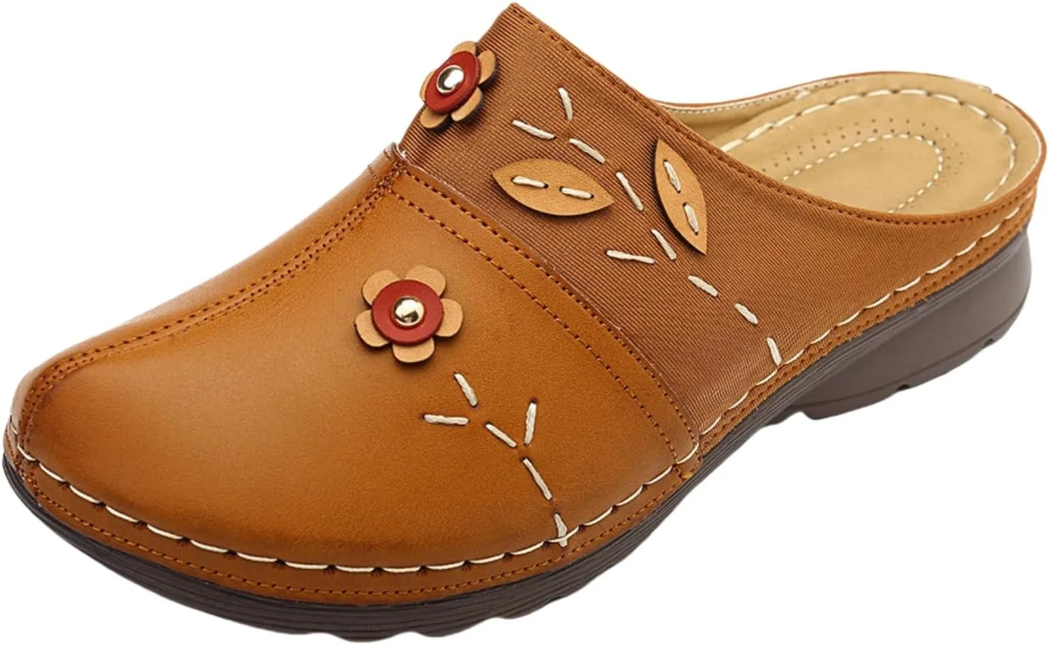 Summer Womens Clogs Leather Shoes Close Toe Slipper Outdoor Comfortable Walking Lightweight Slip on Beach Flowers Wedge Sandals