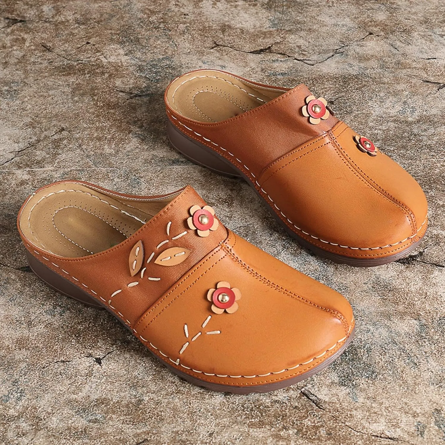 Summer Womens Clogs Leather Shoes Close Toe Slipper Outdoor Comfortable Walking Lightweight Slip on Beach Flowers Wedge Sandals