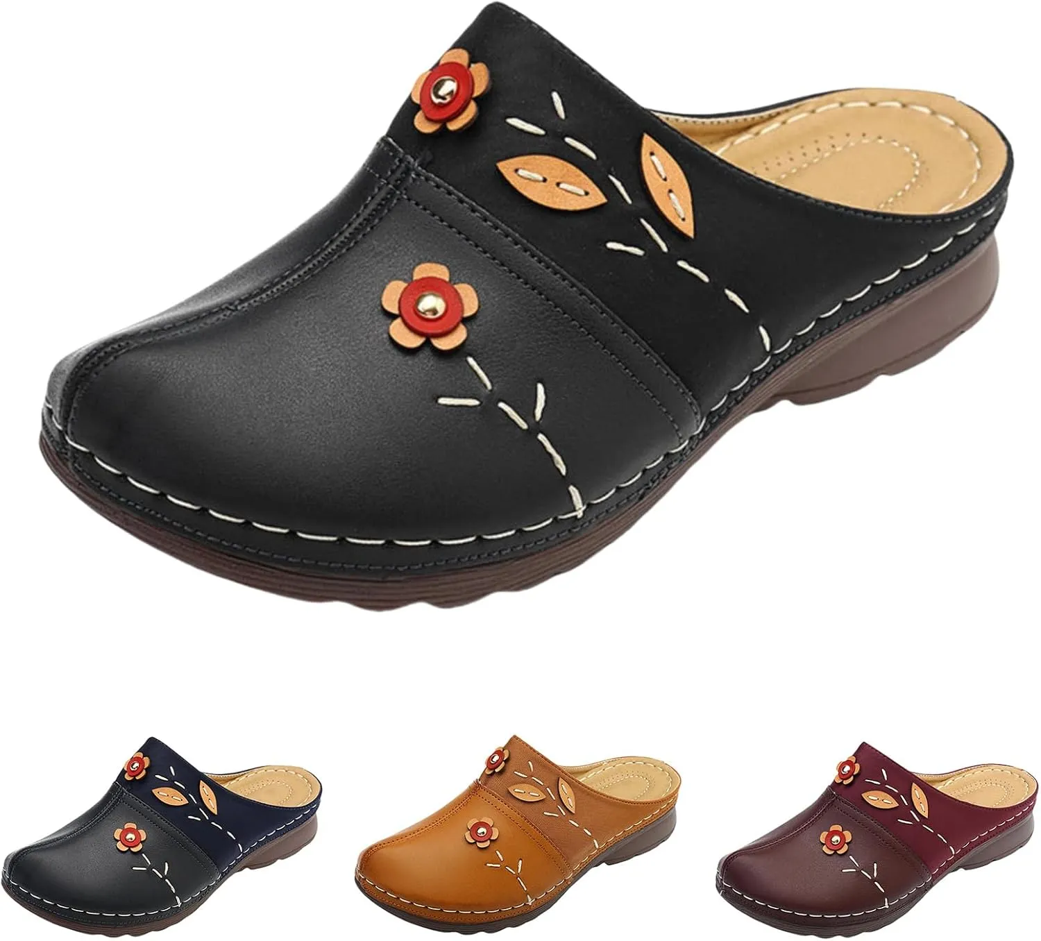 Summer Womens Clogs Leather Shoes Close Toe Slipper Outdoor Comfortable Walking Lightweight Slip on Beach Flowers Wedge Sandals