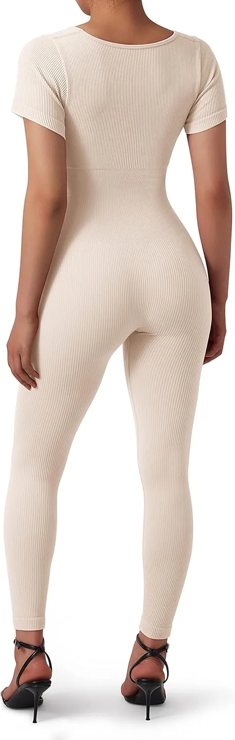SUUKSESS Women Ribbed One Piece Jumpsuits Yoga Short Sleeve Workout Jumpsuits