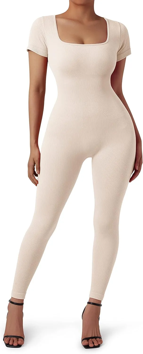 SUUKSESS Women Ribbed One Piece Jumpsuits Yoga Short Sleeve Workout Jumpsuits
