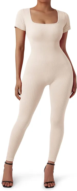 SUUKSESS Women Ribbed One Piece Jumpsuits Yoga Short Sleeve Workout Jumpsuits