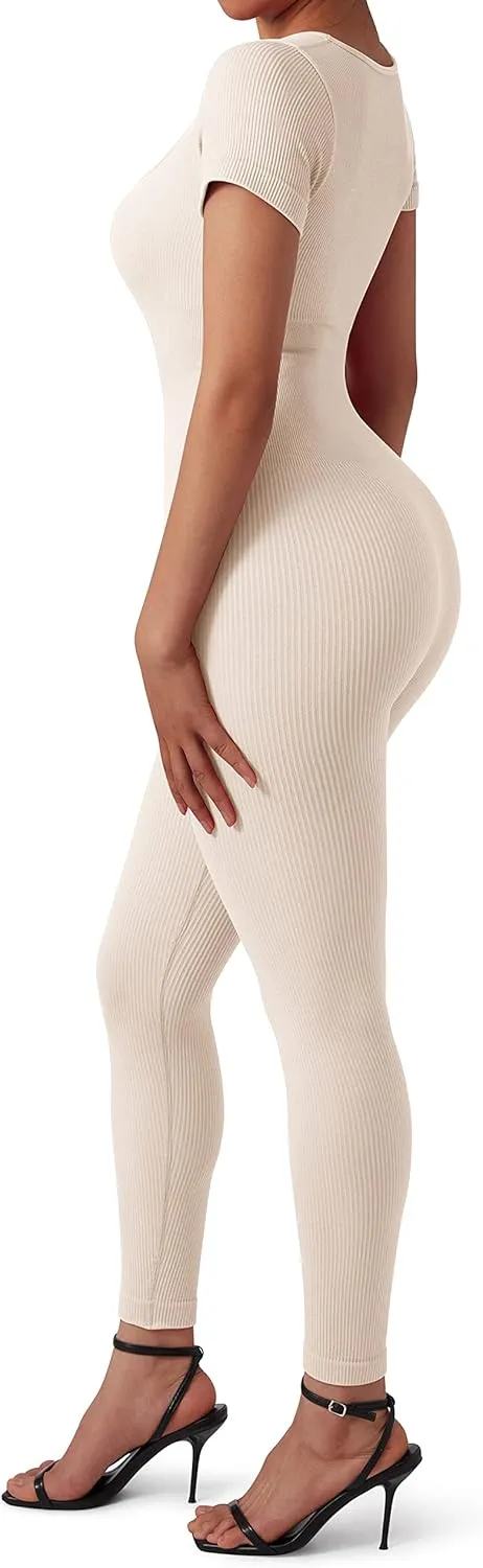 SUUKSESS Women Ribbed One Piece Jumpsuits Yoga Short Sleeve Workout Jumpsuits
