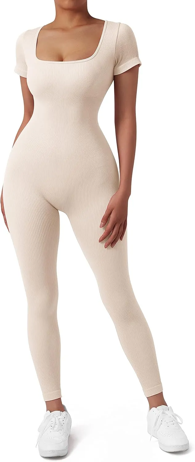 SUUKSESS Women Ribbed One Piece Jumpsuits Yoga Short Sleeve Workout Jumpsuits