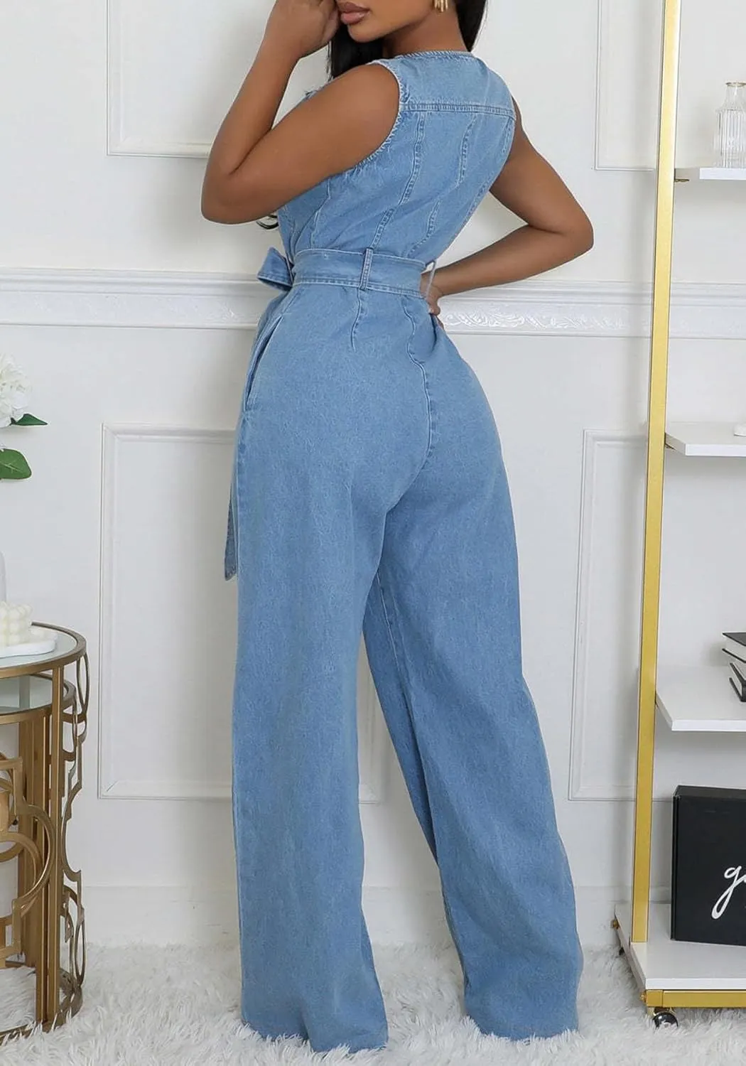 Tbahhir Womens Sleeveless Denim Jumpsuit Bow Tie High Waisted Jumpsuits Wide Leg Romper with Pockets