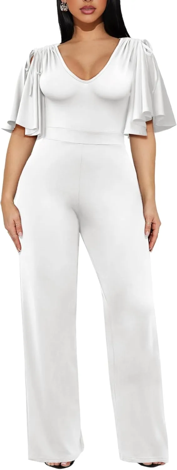 ThusFar Womens Jumpsuits Dressy Ruched Shoulder V-Neck Wide Leg Pant Business Jumpsuit One Piece Party Outfits