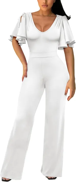 ThusFar Womens Jumpsuits Dressy Ruched Shoulder V-Neck Wide Leg Pant Business Jumpsuit One Piece Party Outfits
