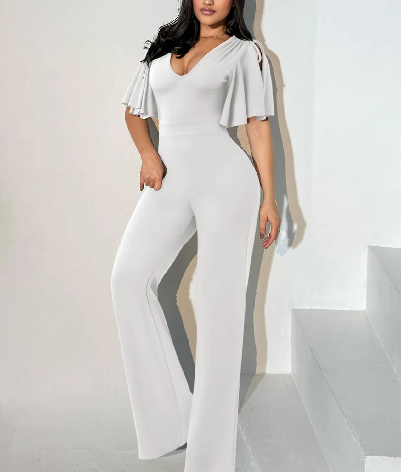 ThusFar Womens Jumpsuits Dressy Ruched Shoulder V-Neck Wide Leg Pant Business Jumpsuit One Piece Party Outfits