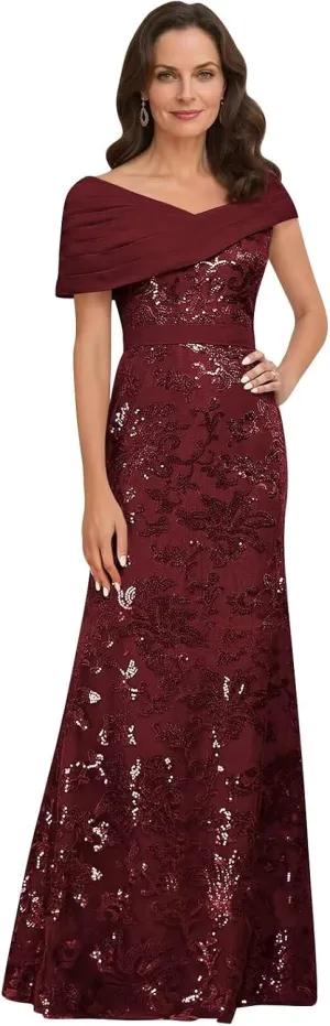 TORYEMY Sequin Mermaid Mother of The Bride Dresses for Women Off The Shoulder Long Chiffon Formal Evening Gown